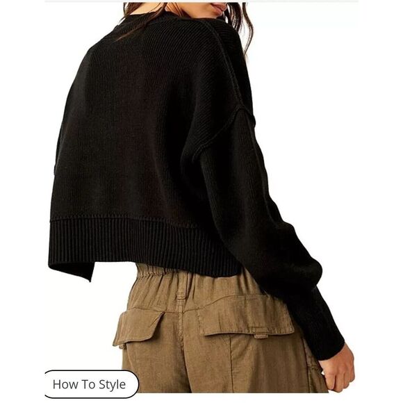 New Free People Easy Street Cropped Pullover Oversized Sweater Black Size Medium - Picture 3 of 6